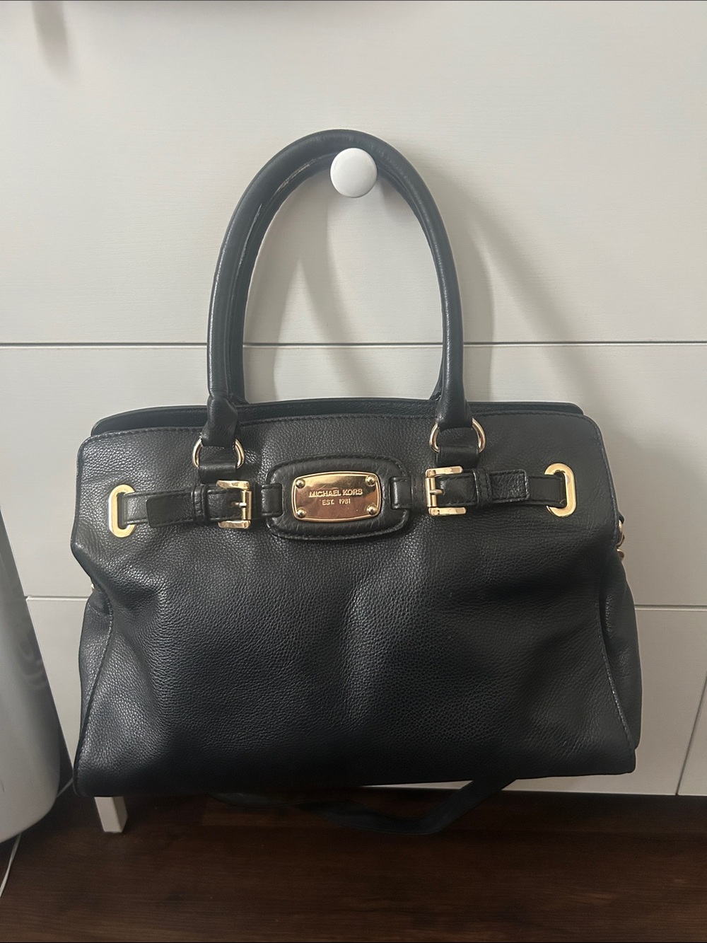 Michael Kors Black Pebbled Leather Satchel with Gold Hardware